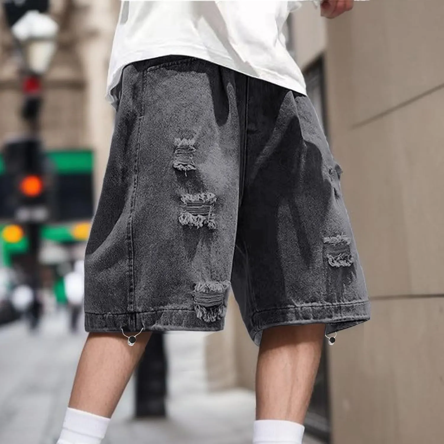 Mens Wide Leg Hip Hop Cropped Jean Shorts Baggy Denim Shorts with Pockets Aesthetic Pants Streetwear Clothes