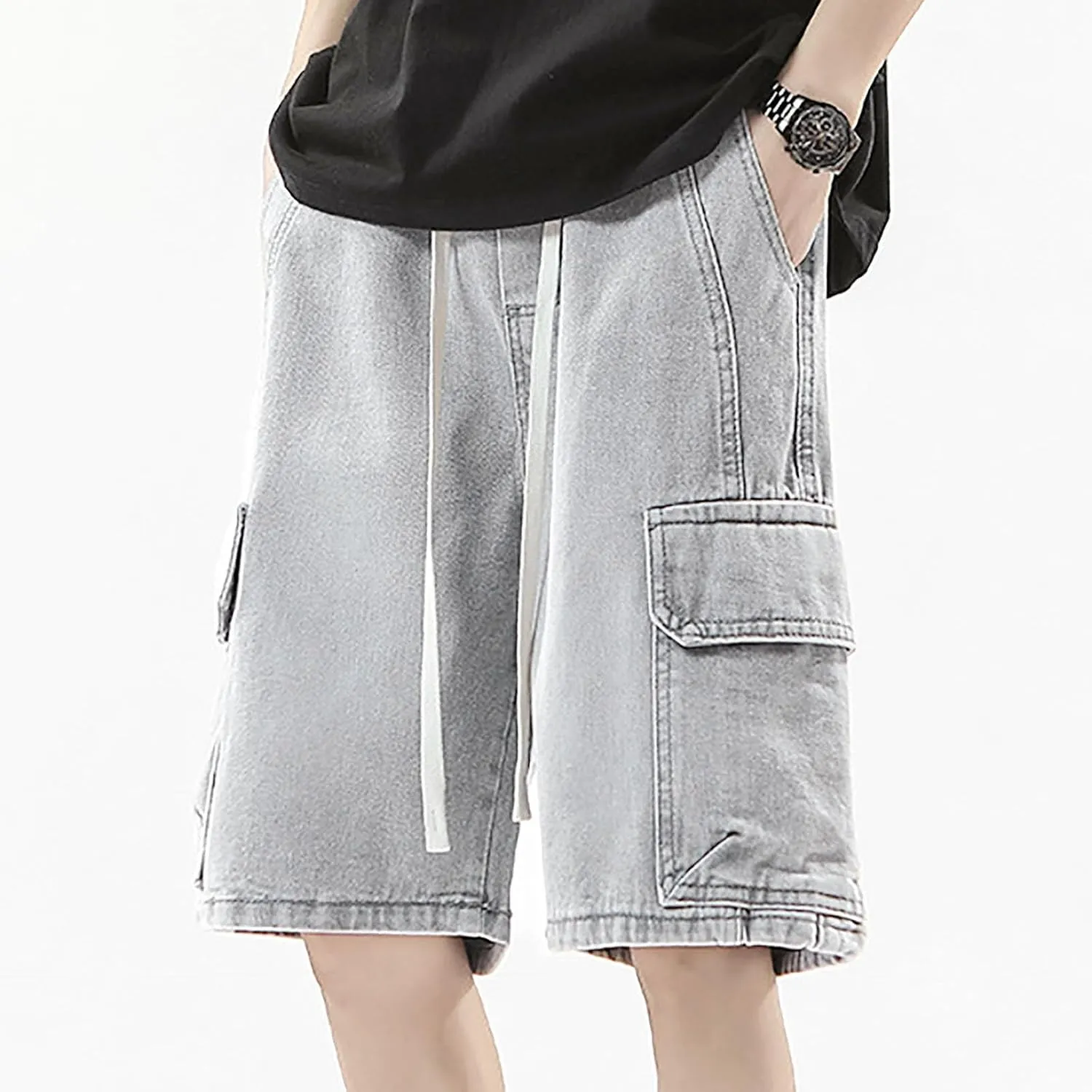 Mens Wide Leg Hip Hop Mid Jean Shorts Work Denim Shorts with Pockets Casual Streetwear