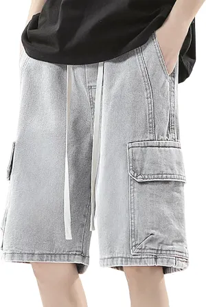 Mens Wide Leg Hip Hop Mid Jean Shorts Work Denim Shorts with Pockets Casual Streetwear