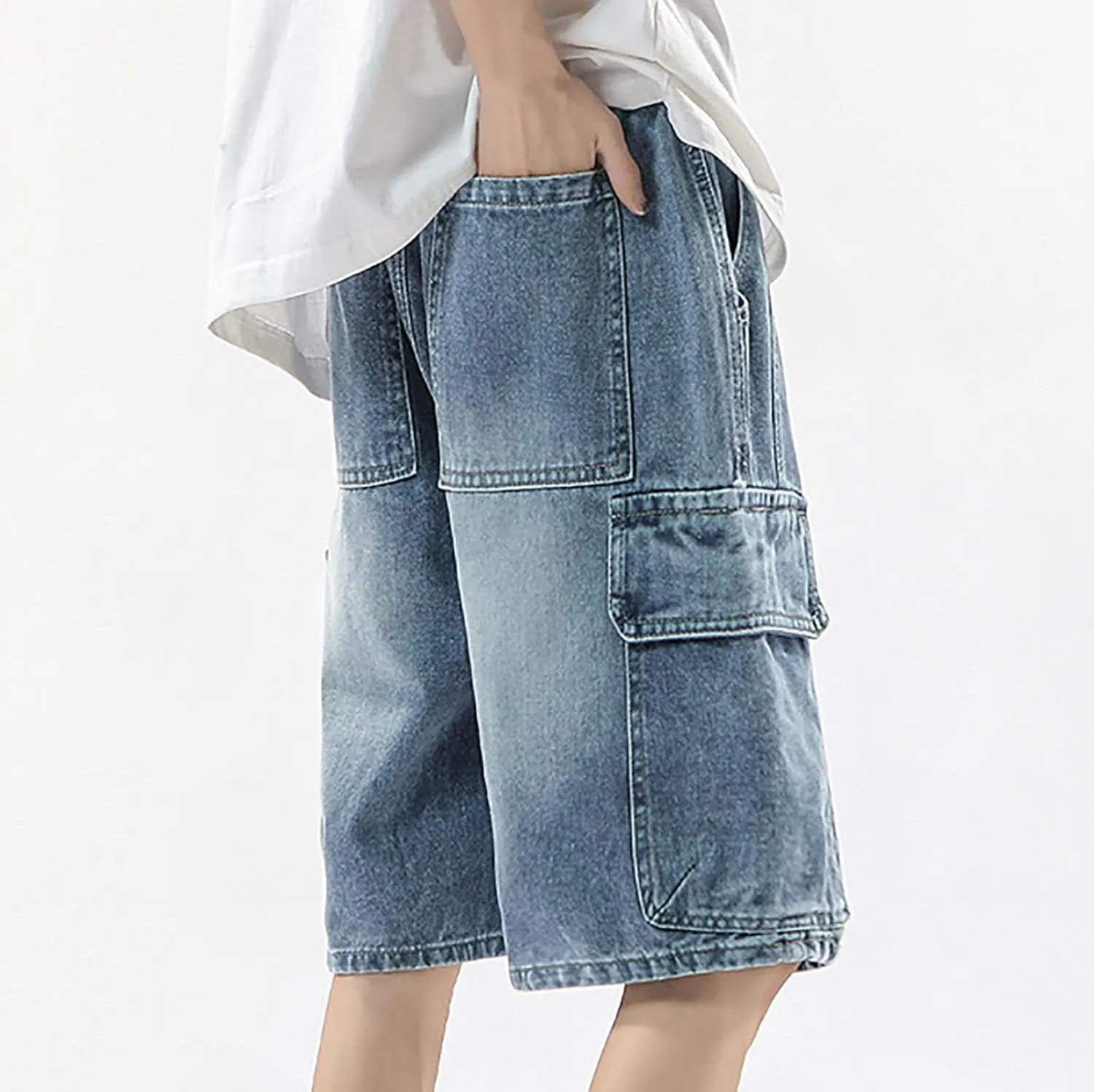 Mens Wide Leg Hip Hop Mid Jean Shorts Work Denim Shorts with Pockets Casual Streetwear
