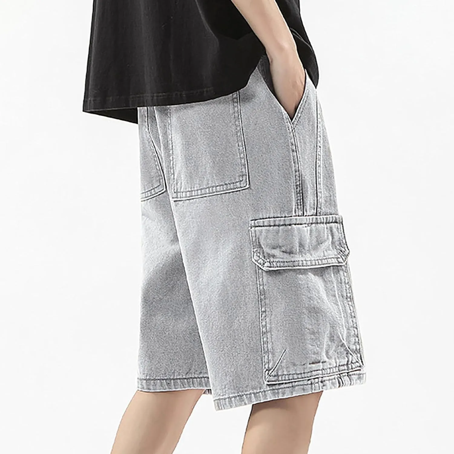 Mens Wide Leg Hip Hop Mid Jean Shorts Work Denim Shorts with Pockets Casual Streetwear