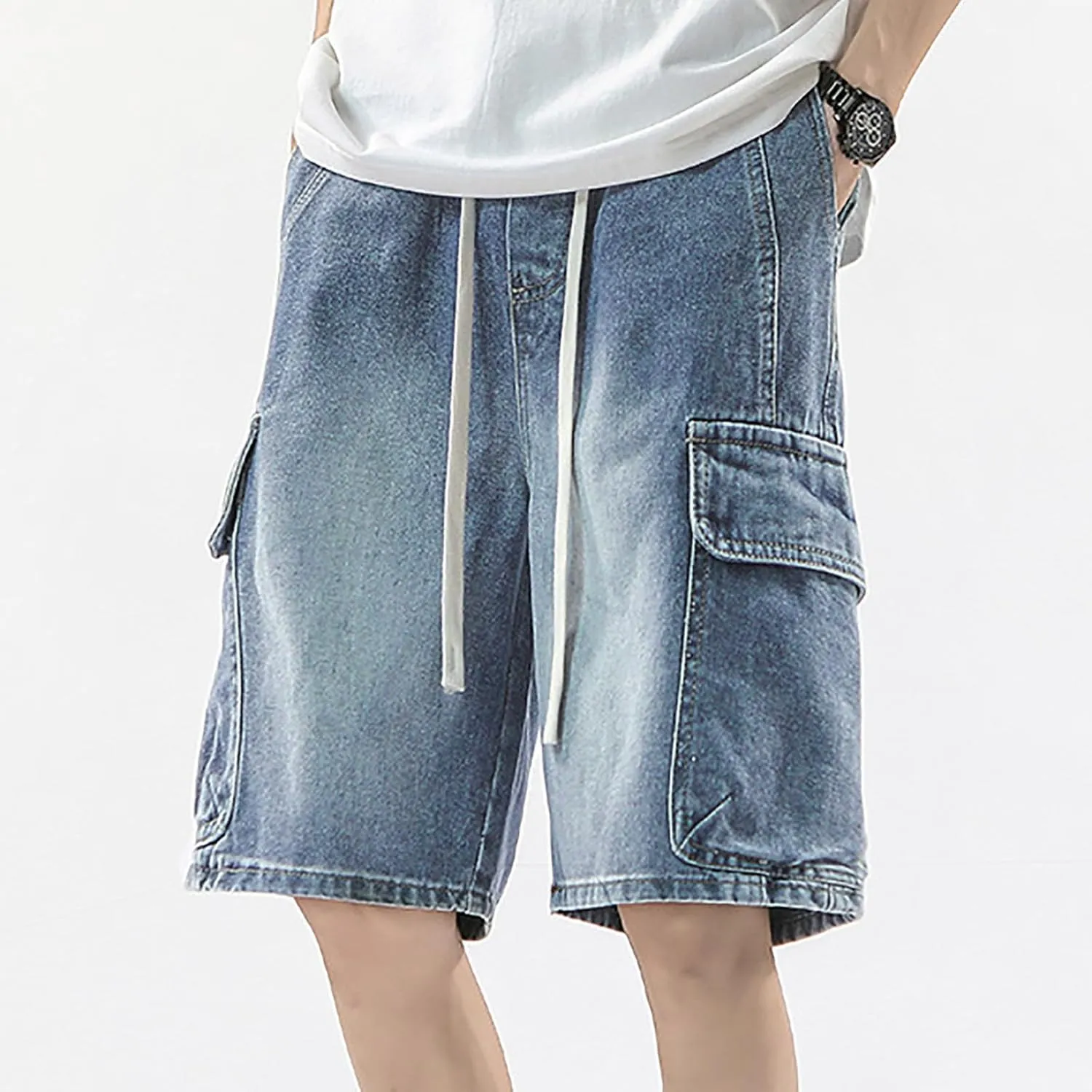 Mens Wide Leg Hip Hop Mid Jean Shorts Work Denim Shorts with Pockets Casual Streetwear