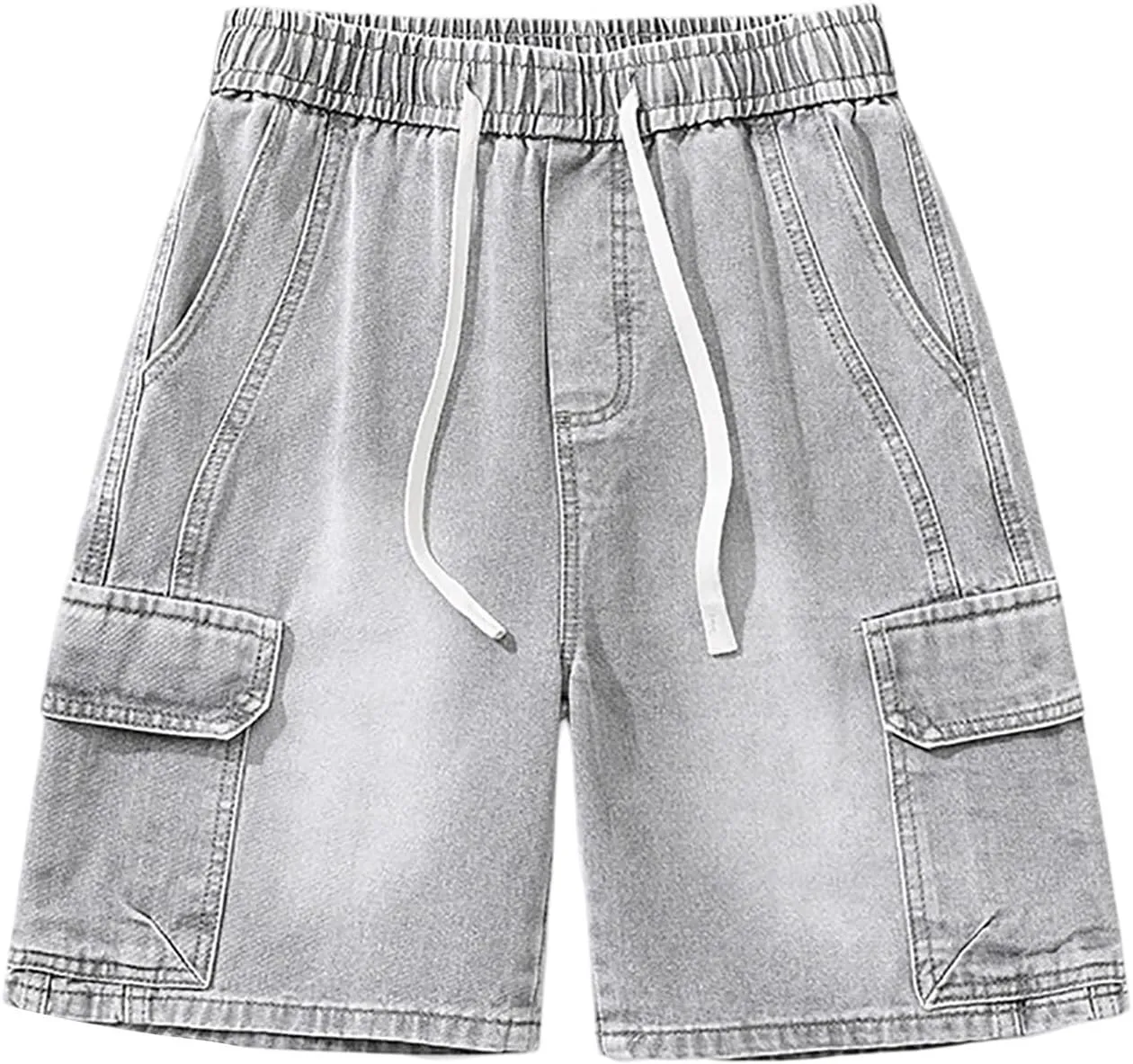 Mens Wide Leg Hip Hop Mid Jean Shorts Work Denim Shorts with Pockets Casual Streetwear