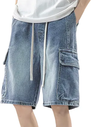 Mens Wide Leg Hip Hop Mid Jean Shorts Work Denim Shorts with Pockets Casual Streetwear