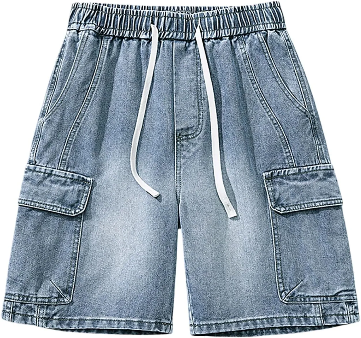 Mens Wide Leg Hip Hop Mid Jean Shorts Work Denim Shorts with Pockets Casual Streetwear