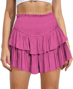 MiiVoo Women's High Waist Ruffle Flowy Mini Skirts Stretchy Waist Solid Lined Layered Pleated Casual Beach Short Skirt