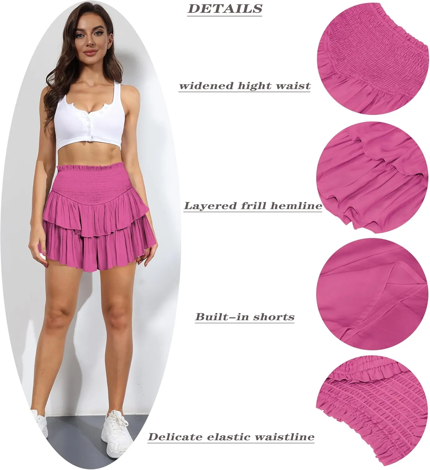 MiiVoo Women's High Waist Ruffle Flowy Mini Skirts Stretchy Waist Solid Lined Layered Pleated Casual Beach Short Skirt