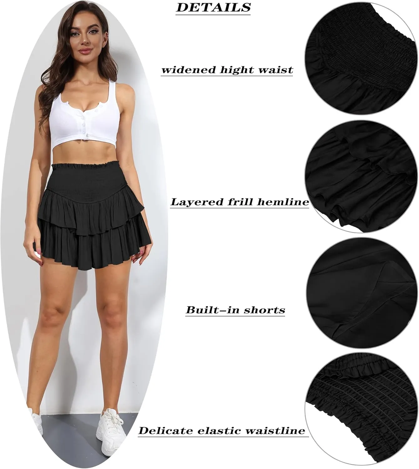 MiiVoo Women's High Waist Ruffle Flowy Mini Skirts Stretchy Waist Solid Lined Layered Pleated Casual Beach Short Skirt