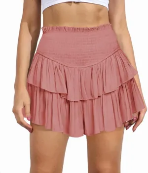 MiiVoo Women's High Waist Ruffle Flowy Mini Skirts Stretchy Waist Solid Lined Layered Pleated Casual Beach Short Skirt