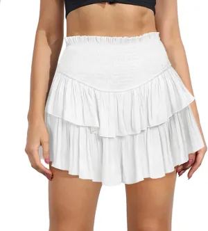 MiiVoo Women's High Waist Ruffle Flowy Mini Skirts Stretchy Waist Solid Lined Layered Pleated Casual Beach Short Skirt