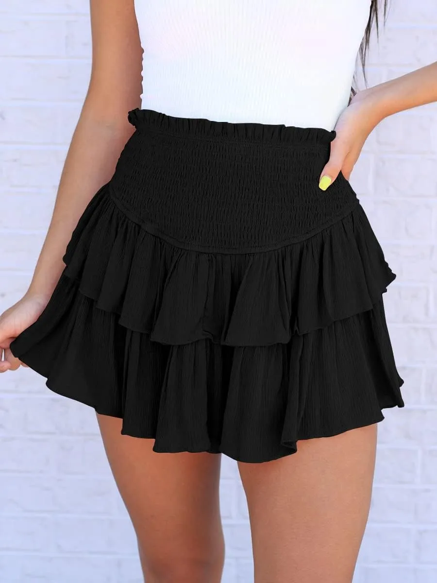MiiVoo Women's High Waist Ruffle Flowy Mini Skirts Stretchy Waist Solid Lined Layered Pleated Casual Beach Short Skirt