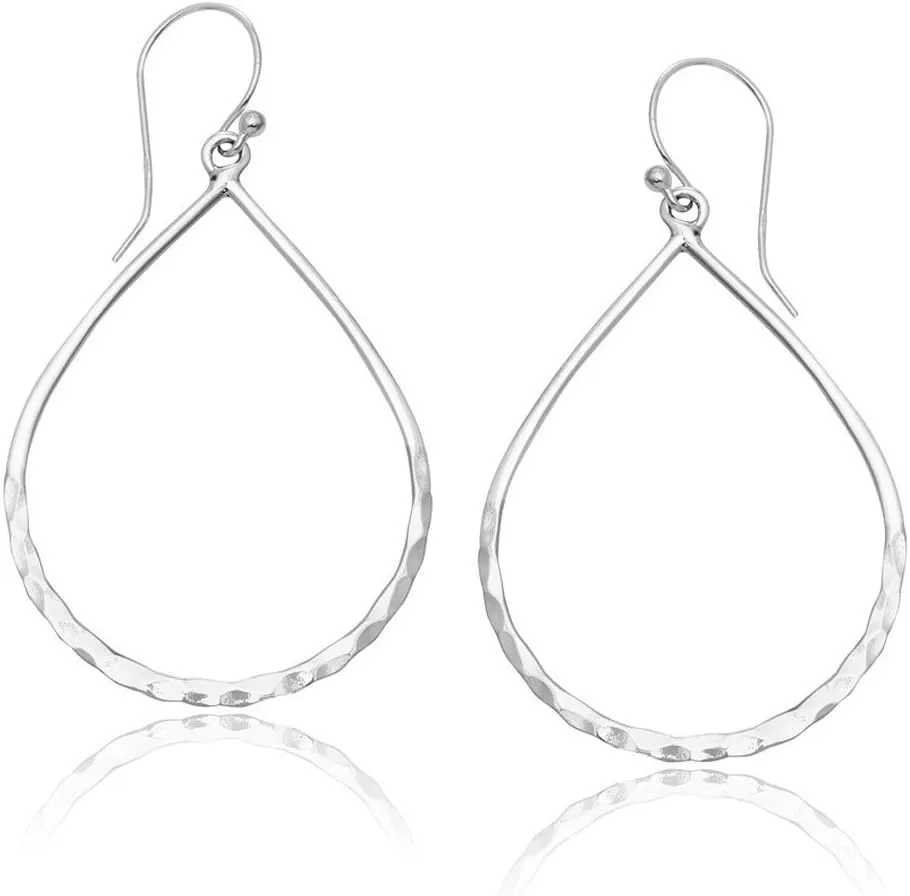 MIMI 925 Sterling Silver Hammered Open Teardrop Hoop Earrings