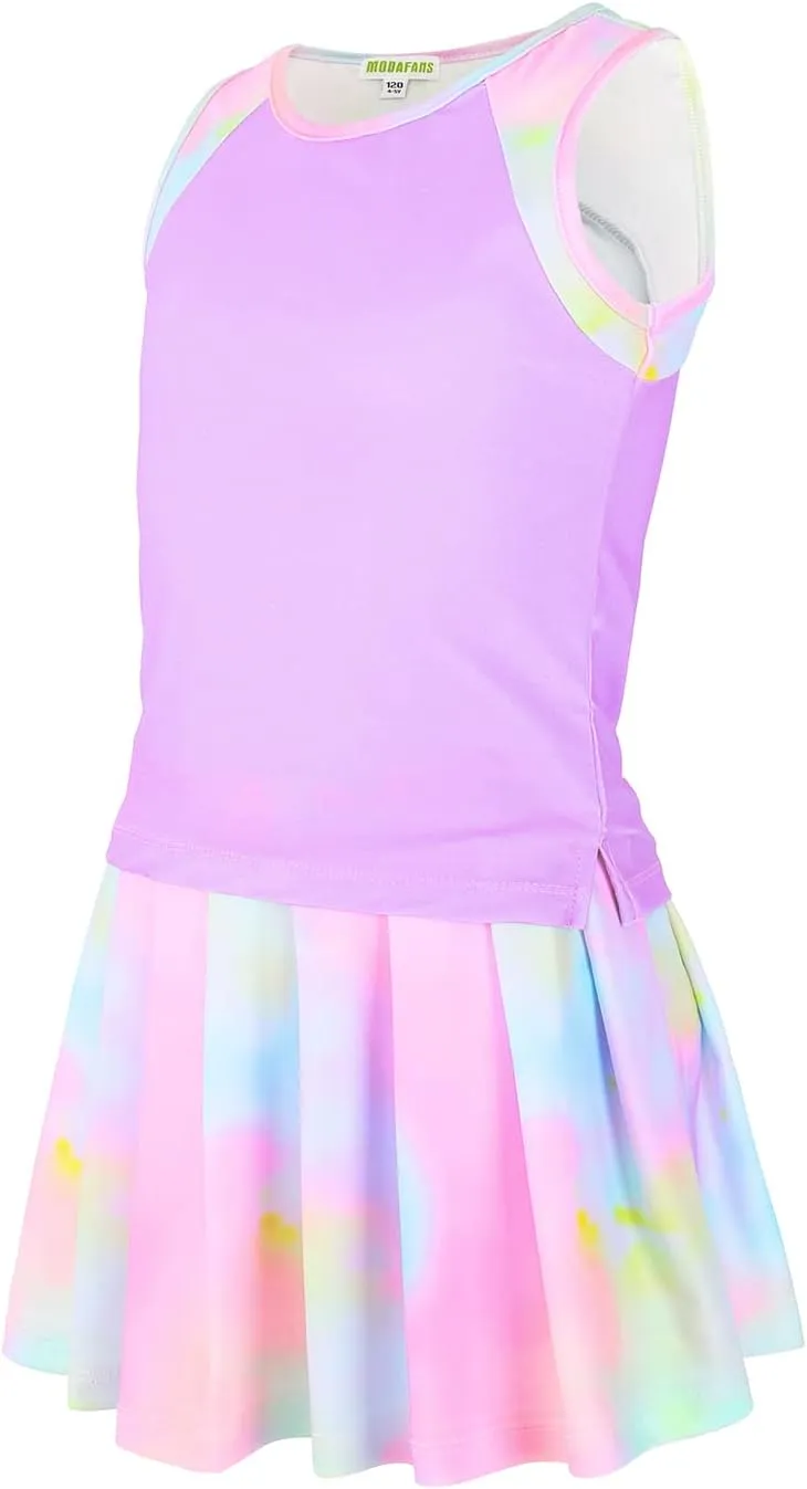 MODAFANS Girls Tennis Golf Pickball Dress Athletic Outfits Kids Tank Top and Skorts Sets