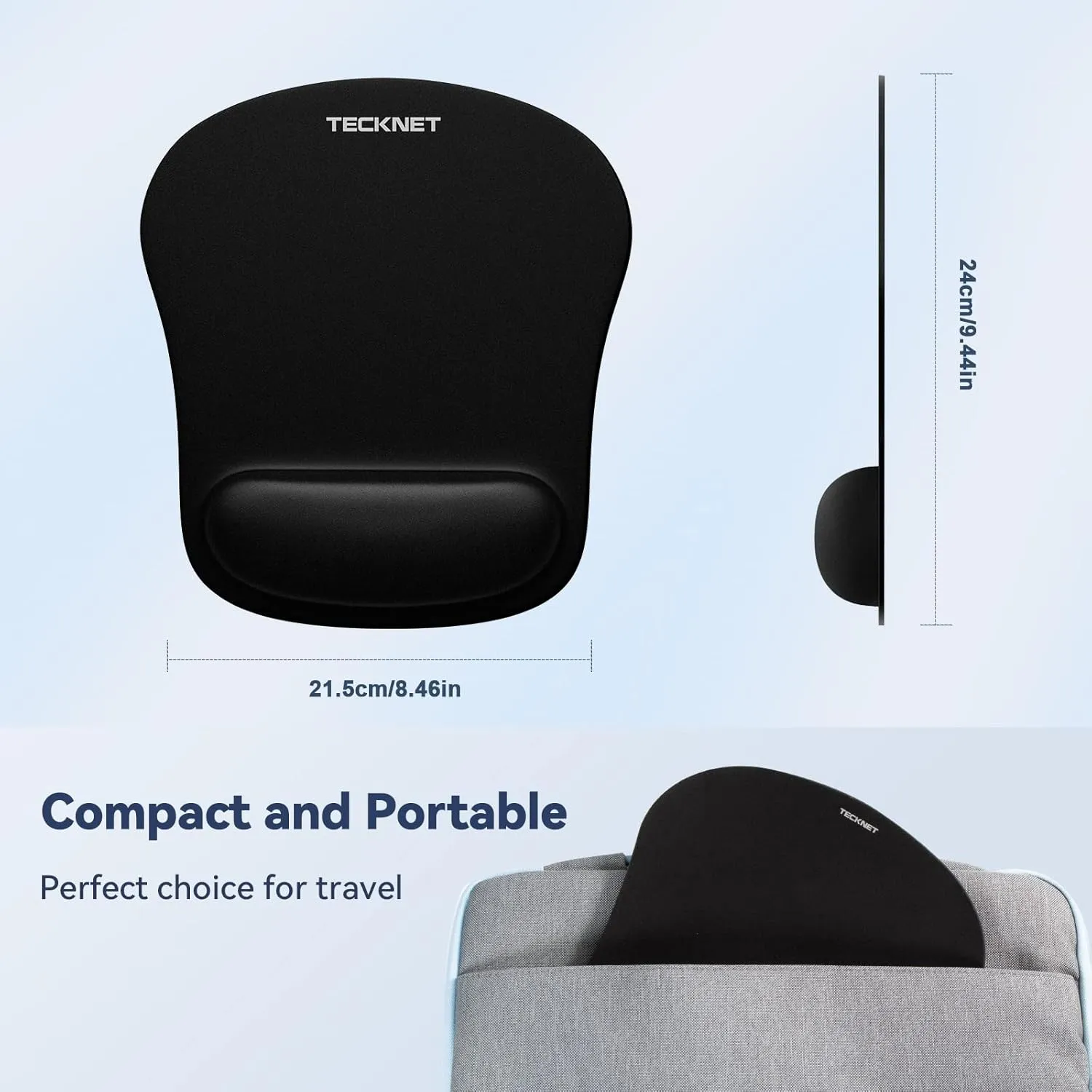 Mouse Pad with Wrist Support, TECKNET Ergonomic Gaming Mouse Pad Pain Relief, Portable Comfortable Mousepad for Computer, Laptop, Office, Home and Travel, Non-Slip Base, Waterproof Surface, Black