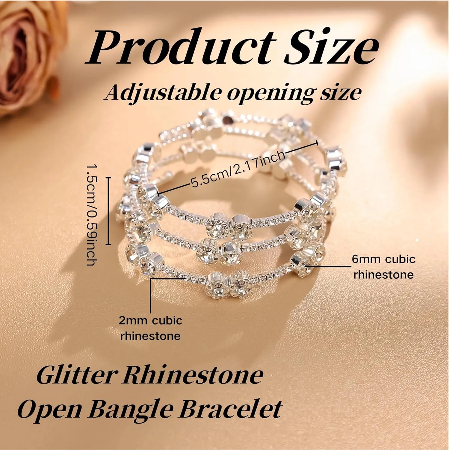 Multi Row Rhinestone Bangle Bracelet for Women Multicolor Rhinestone Crystal Open Cuff Bangle Adjustable Sparkly Silver Strand Bridal Wedding Bracelet Jewelry for Prom Party