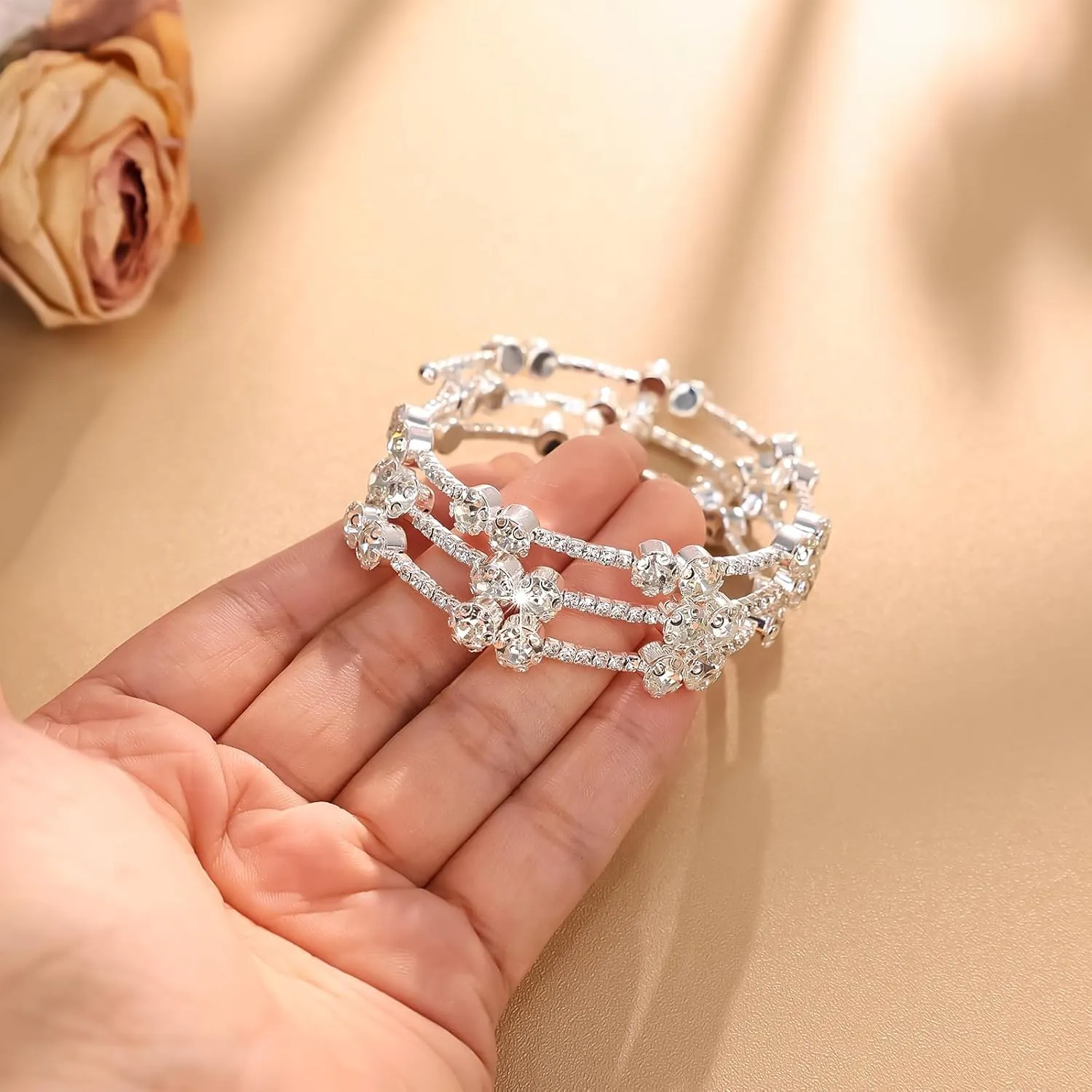 Multi Row Rhinestone Bangle Bracelet for Women Multicolor Rhinestone Crystal Open Cuff Bangle Adjustable Sparkly Silver Strand Bridal Wedding Bracelet Jewelry for Prom Party