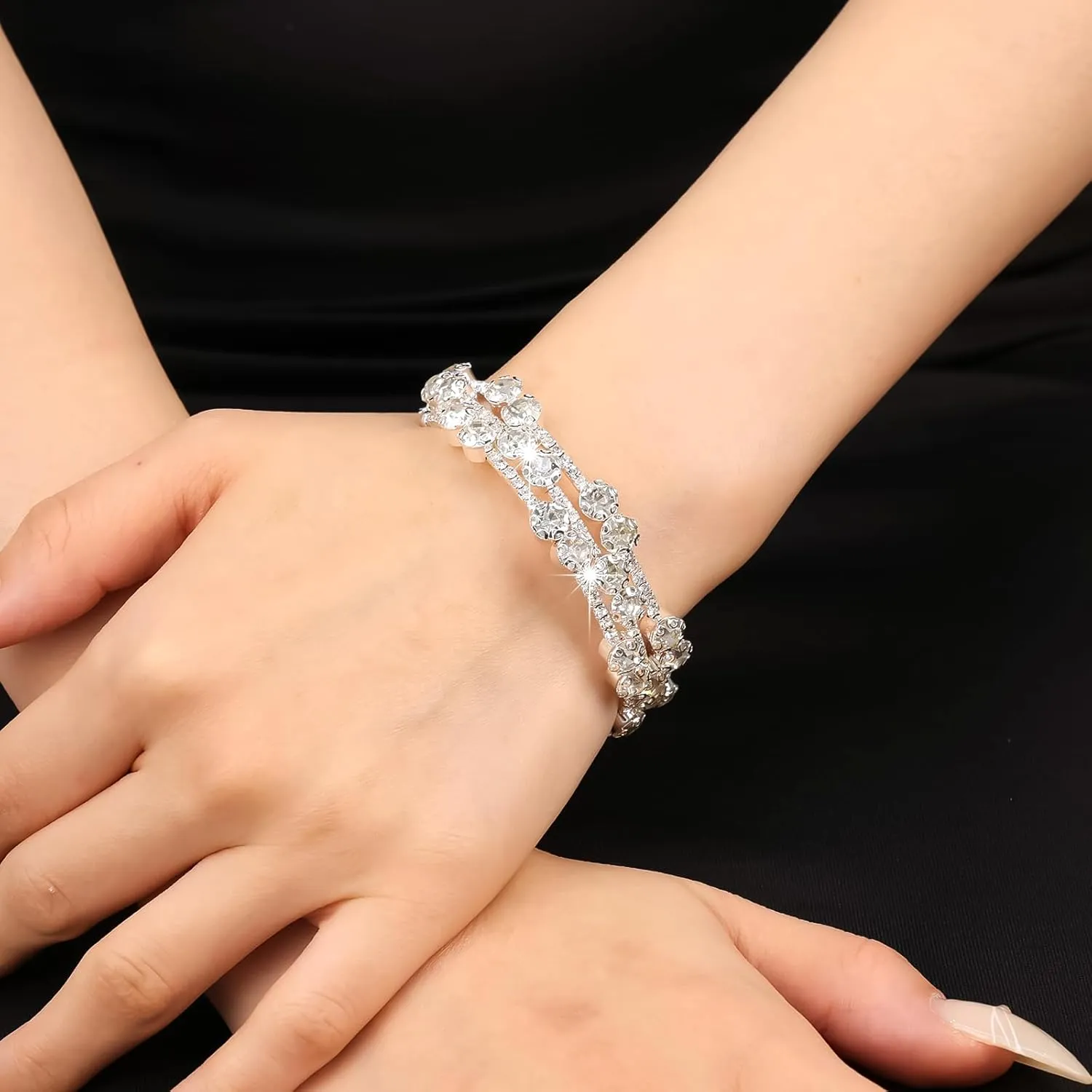 Multi Row Rhinestone Bangle Bracelet for Women Multicolor Rhinestone Crystal Open Cuff Bangle Adjustable Sparkly Silver Strand Bridal Wedding Bracelet Jewelry for Prom Party