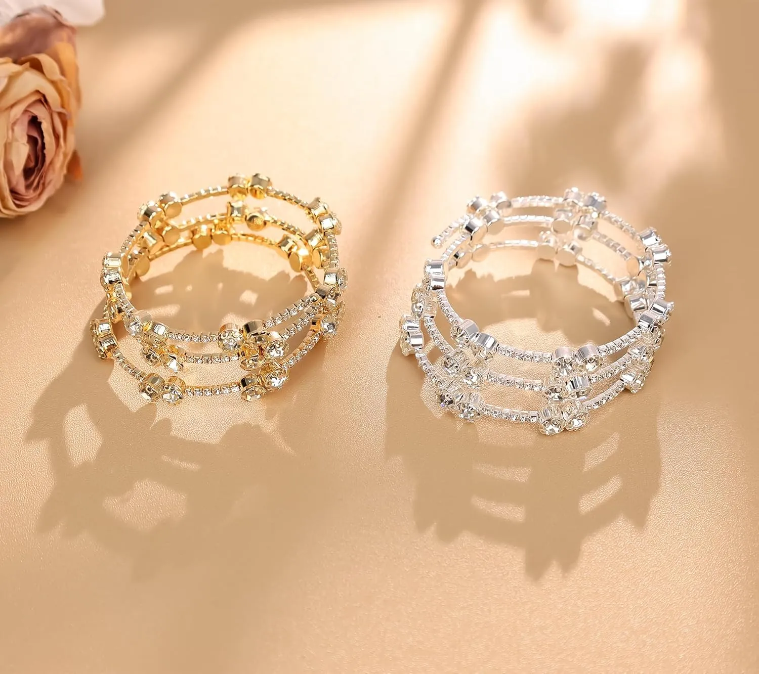 Multi Row Rhinestone Bangle Bracelet for Women Multicolor Rhinestone Crystal Open Cuff Bangle Adjustable Sparkly Silver Strand Bridal Wedding Bracelet Jewelry for Prom Party