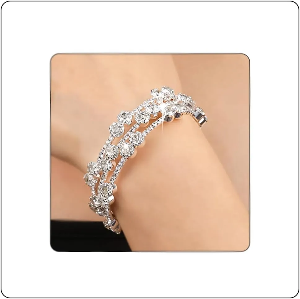 Multi Row Rhinestone Bangle Bracelet for Women Multicolor Rhinestone Crystal Open Cuff Bangle Adjustable Sparkly Silver Strand Bridal Wedding Bracelet Jewelry for Prom Party