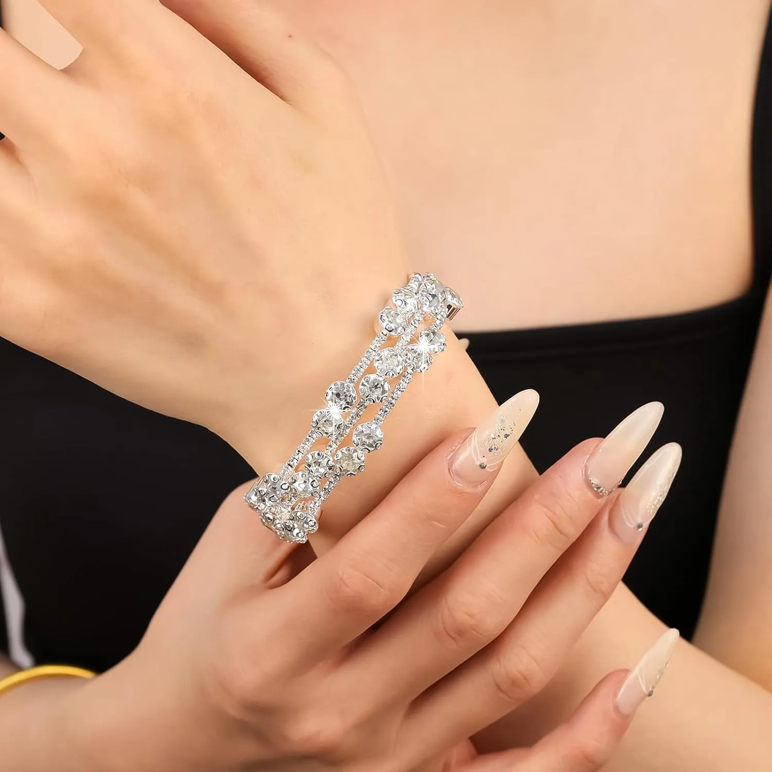 Multi Row Rhinestone Bangle Bracelet for Women Multicolor Rhinestone Crystal Open Cuff Bangle Adjustable Sparkly Silver Strand Bridal Wedding Bracelet Jewelry for Prom Party