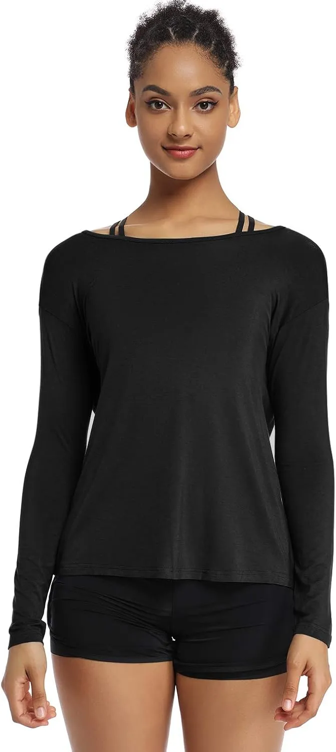 Muzniuer Women's Long Sleeve Workout Shirts Backless Yoga Shirts Cross Back Open Shirt