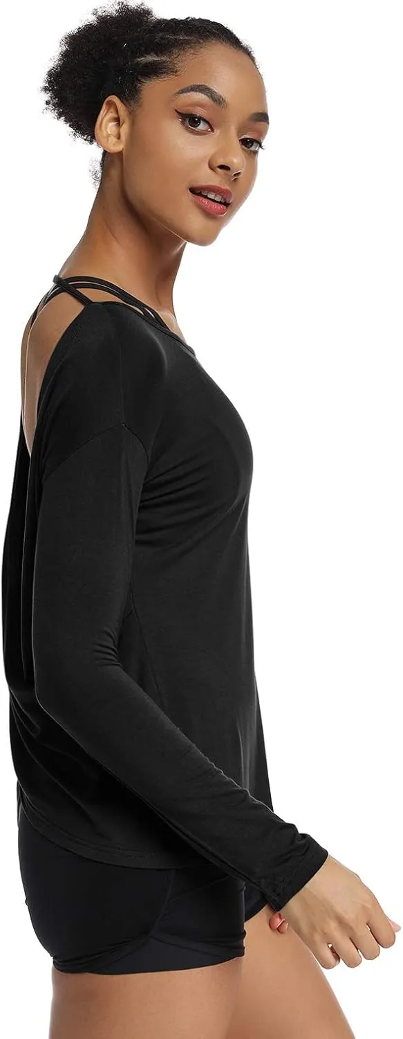 Muzniuer Women's Long Sleeve Workout Shirts Backless Yoga Shirts Cross Back Open Shirt