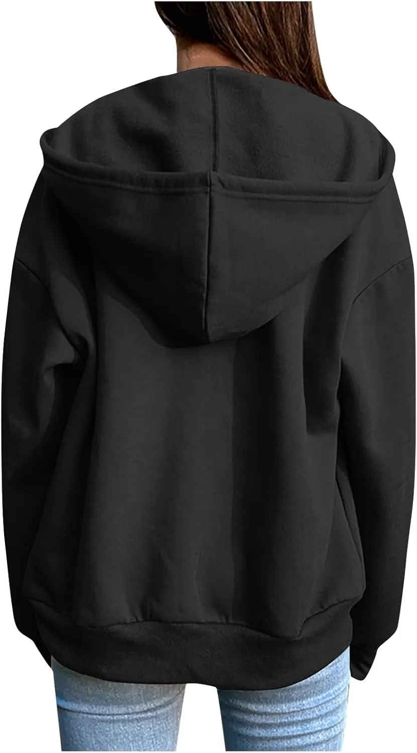 Mzkdieey Womens Zip Up Hoodies Fall Jacket Drawstring Long Sleeve Hooded Sweatshirts Oversized Outerwear Coat with Pockets
