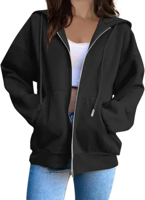 Mzkdieey Womens Zip Up Hoodies Fall Jacket Drawstring Long Sleeve Hooded Sweatshirts Oversized Outerwear Coat with Pockets