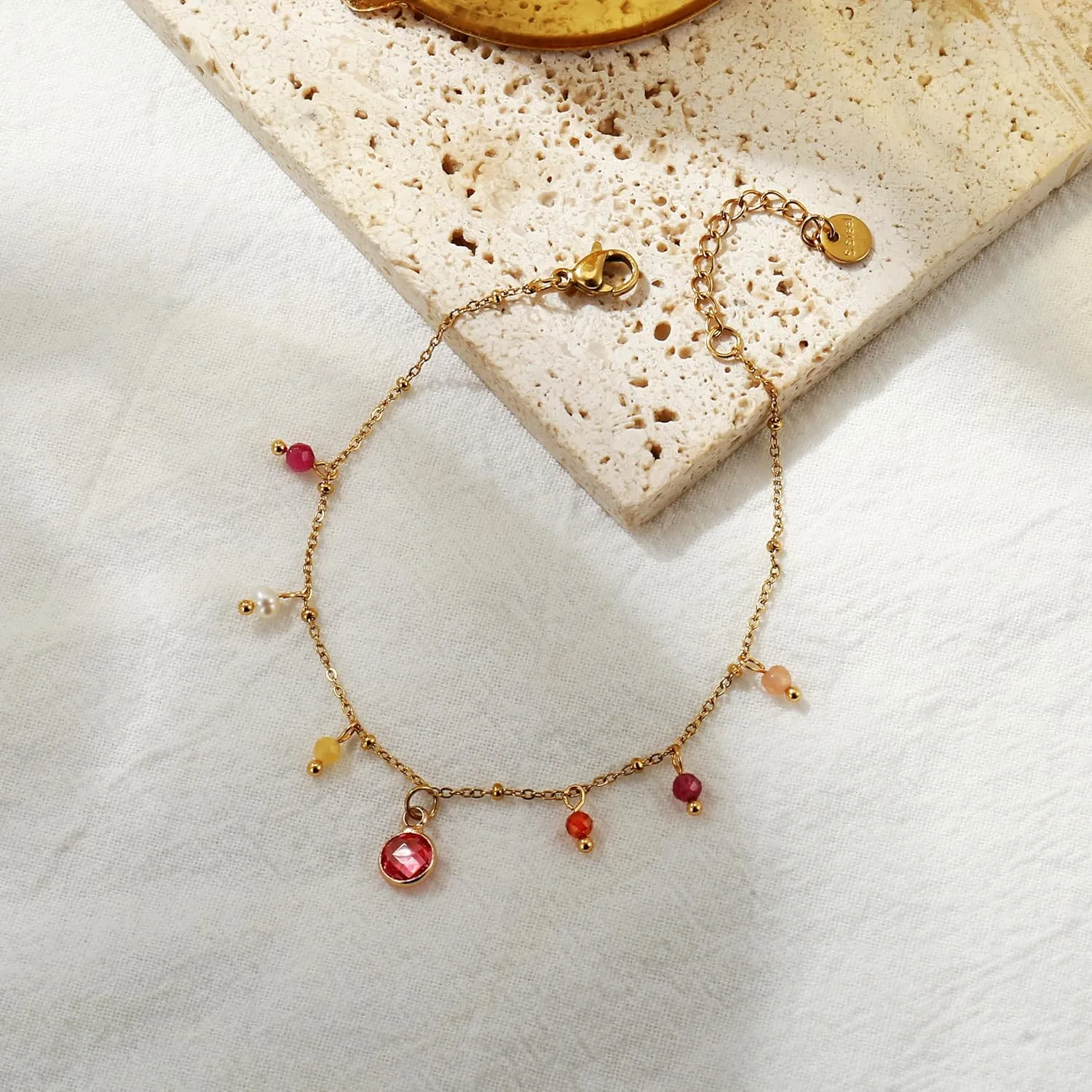Natural Stone Bracelet for Women 14K Gold Plated waterproof Dainty Colorful Beaded Charm Delicate Cute Summer Boho Beach Bracelet Jewelry Gift Sister, best friend, Birthday