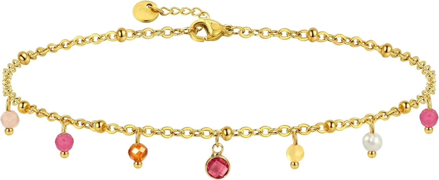 Natural Stone Bracelet for Women 14K Gold Plated waterproof Dainty Colorful Beaded Charm Delicate Cute Summer Boho Beach Bracelet Jewelry Gift Sister, best friend, Birthday
