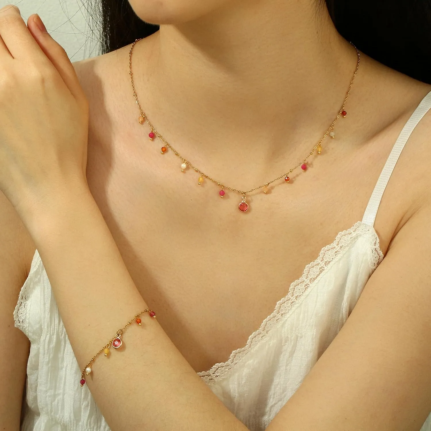 Natural Stone Bracelet for Women 14K Gold Plated waterproof Dainty Colorful Beaded Charm Delicate Cute Summer Boho Beach Bracelet Jewelry Gift Sister, best friend, Birthday