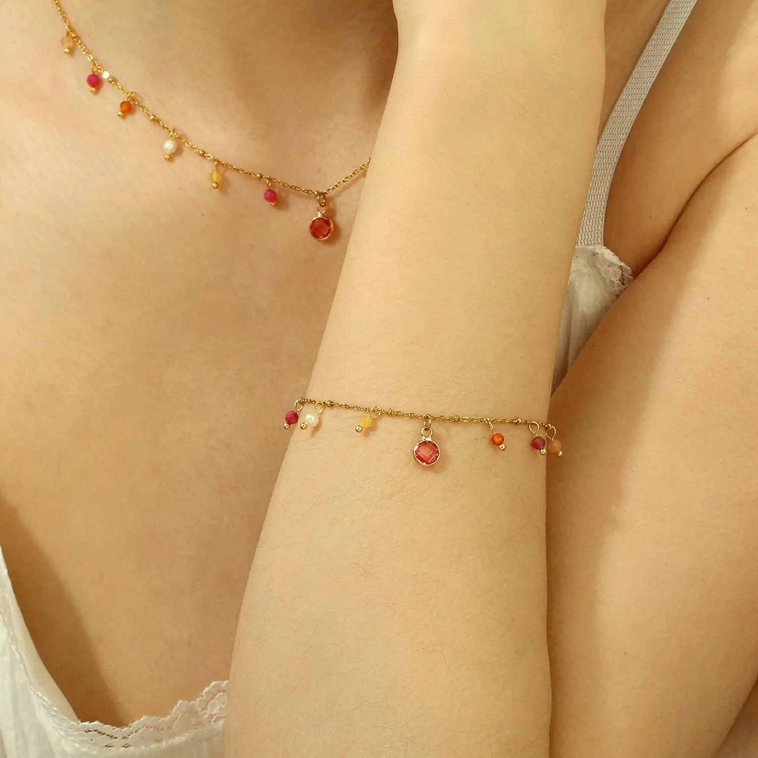 Natural Stone Bracelet for Women 14K Gold Plated waterproof Dainty Colorful Beaded Charm Delicate Cute Summer Boho Beach Bracelet Jewelry Gift Sister, best friend, Birthday
