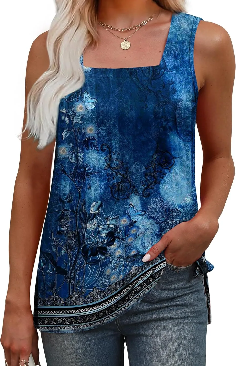 OFEEFAN Womens Tank Tops Square Neck Summer Loose Fit Casual Basic Fashion Flowy Sleeveless