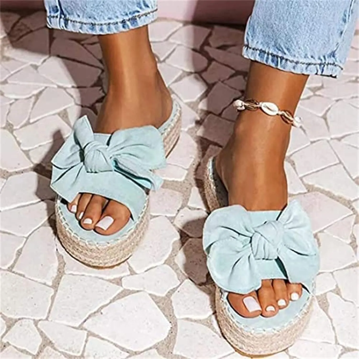 OMIREL Womens Espadrilles Slip on Wedge Sandals Slides Knot Bow Platform Open Toe Summer Mules Shoes Orthopedic Walking Slippers with Arch Support Anti-Slip Breathable Flip Flop,Blue,US9/EU41