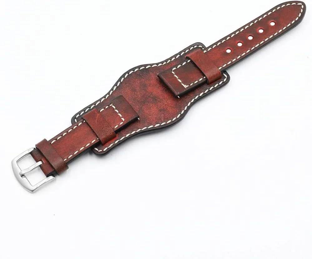 Onthelevel Leather Cuff Watch Strap 20mm 22mm 24mm Vintage Genuine Leather Watch Band with Mat for Men