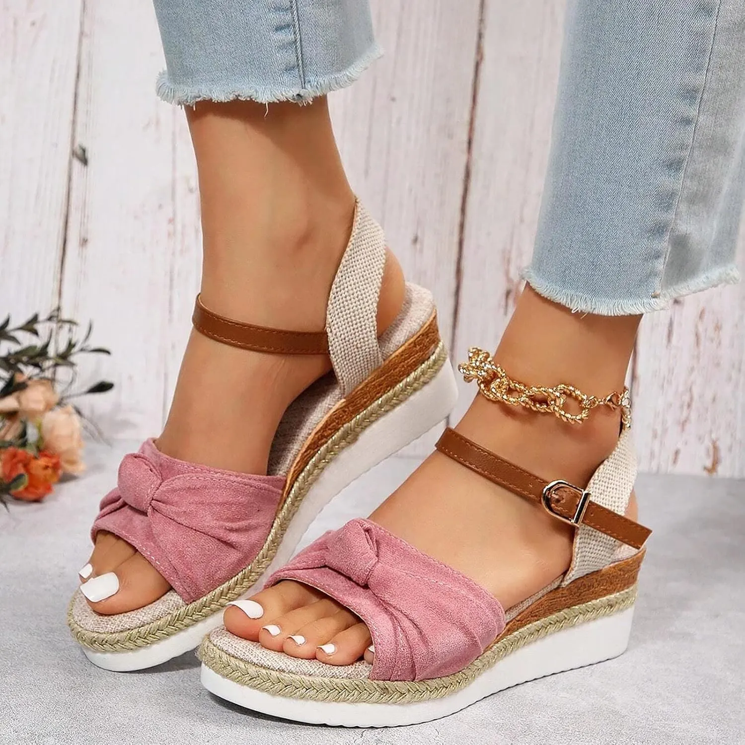 Orthopedic Platform Wedge Sandals for Women Summer Dressy 2025 Flat Open Toe Ankle Strap Espadrilles Casual Strappy Slip on Beach Boho Sandal Comfortable