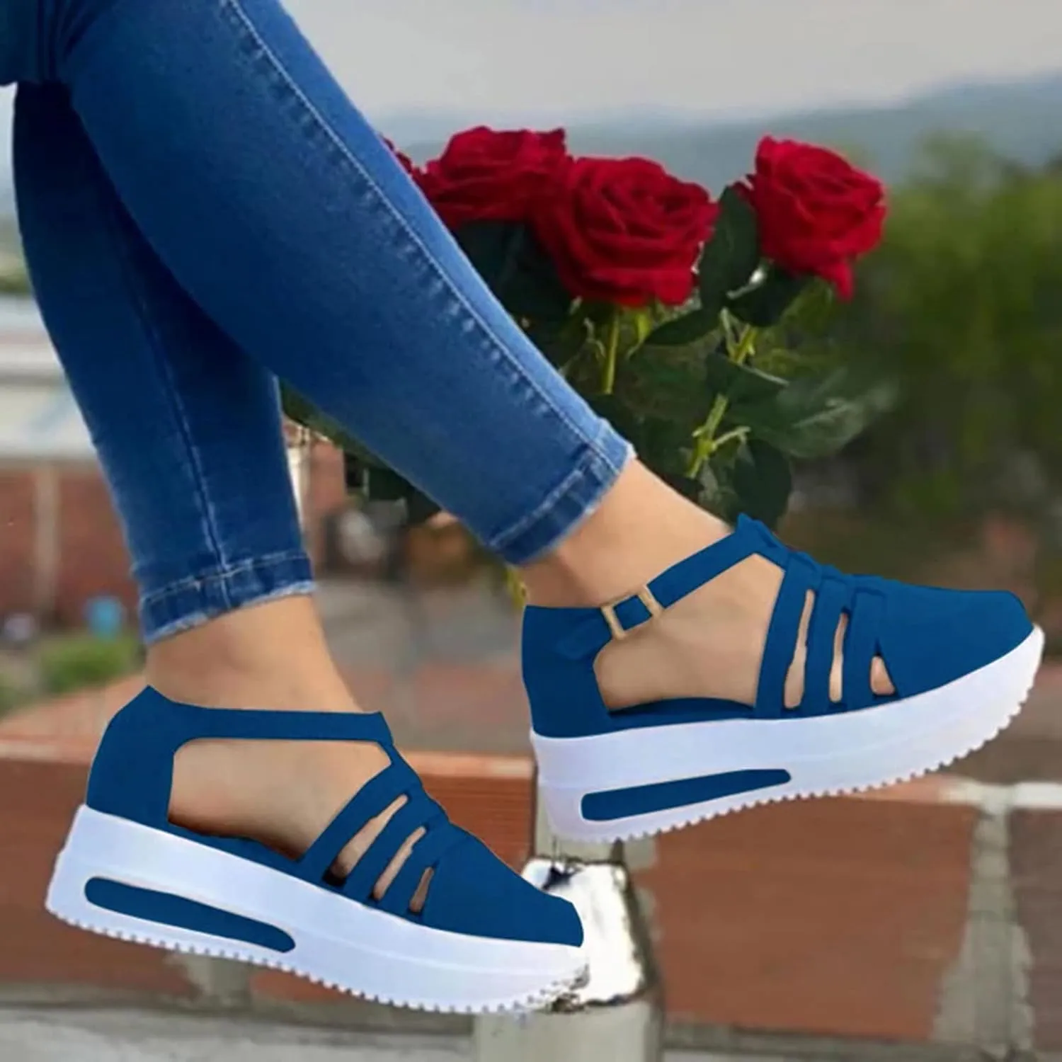 Orthopedic Platform Wedge Sandals for Women Summer Dressy,Arch Support Closed Toe Buckle Ankle Strap Espadrilles Wedge Comfortable Outdoor Shoes Strappy Slip on Sandals Beach Boho Shoes