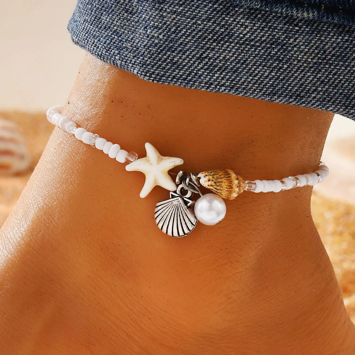 Otxas Ankle Bracelet for Women Waterproof Layered Beaded Anklet Elastic Ankle Bracelet Heart Ankle Bracelet for Women Summer Beach Foot Jewelry Stretch Ankle Bracelets