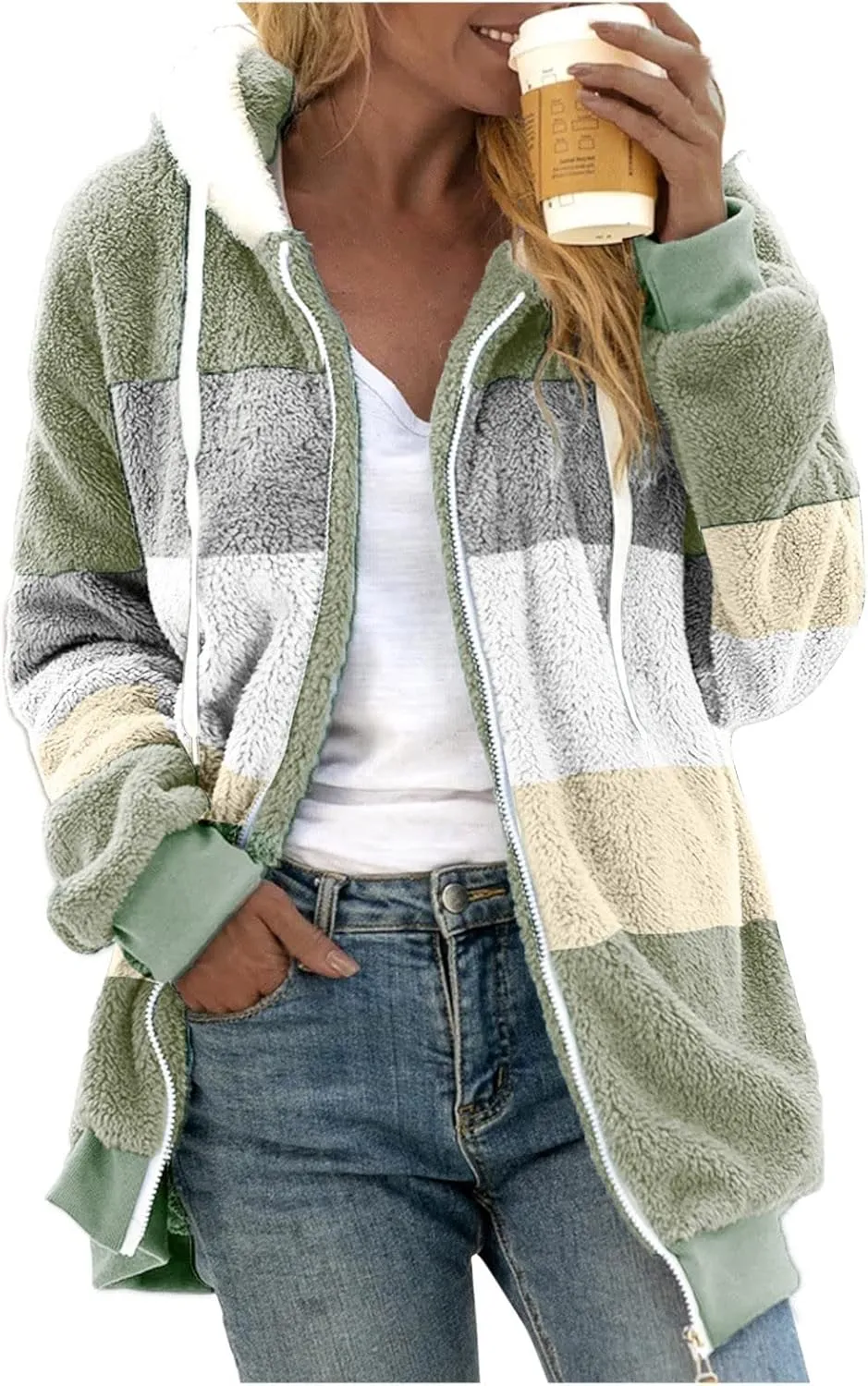 Oversized Fuzzy Fleece Jackets For Women Fashion 2024 Color Block Faux Fur Cardigan Coat Shaggy Warm Winter Outerwear