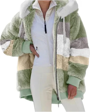 Oversized Fuzzy Fleece Jackets For Women Fashion 2024 Color Block Faux Fur Cardigan Coat Shaggy Warm Winter Outerwear