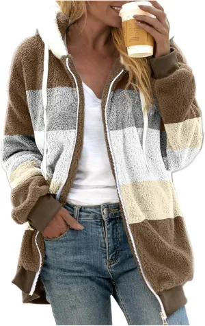 Oversized Fuzzy Fleece Jackets For Women Fashion 2024 Color Block Faux Fur Cardigan Coat Shaggy Warm Winter Outerwear