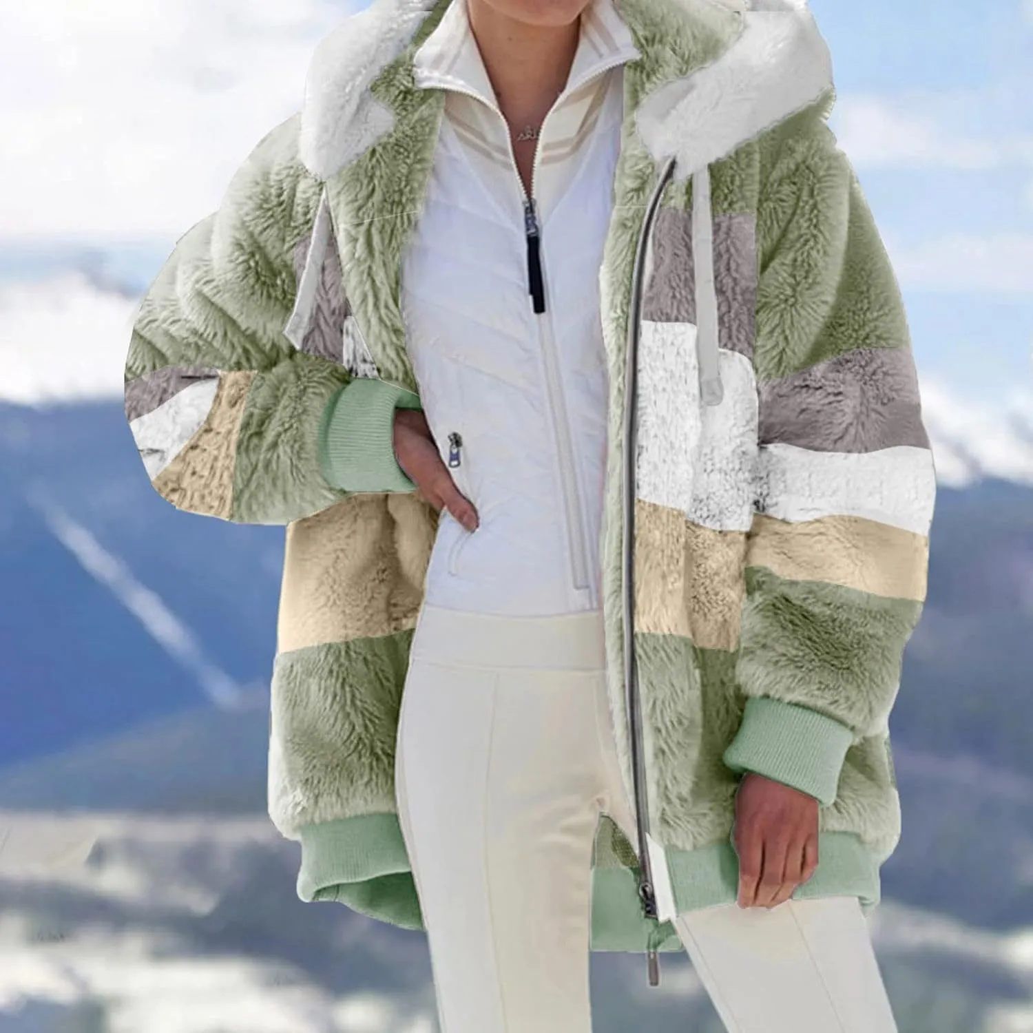 Oversized Fuzzy Fleece Jackets For Women Fashion 2024 Color Block Faux Fur Cardigan Coat Shaggy Warm Winter Outerwear