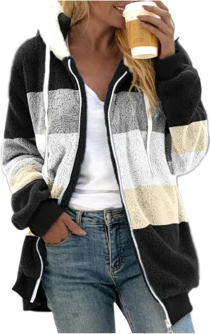 Oversized Fuzzy Fleece Jackets For Women Fashion 2024 Color Block Faux Fur Cardigan Coat Shaggy Warm Winter Outerwear