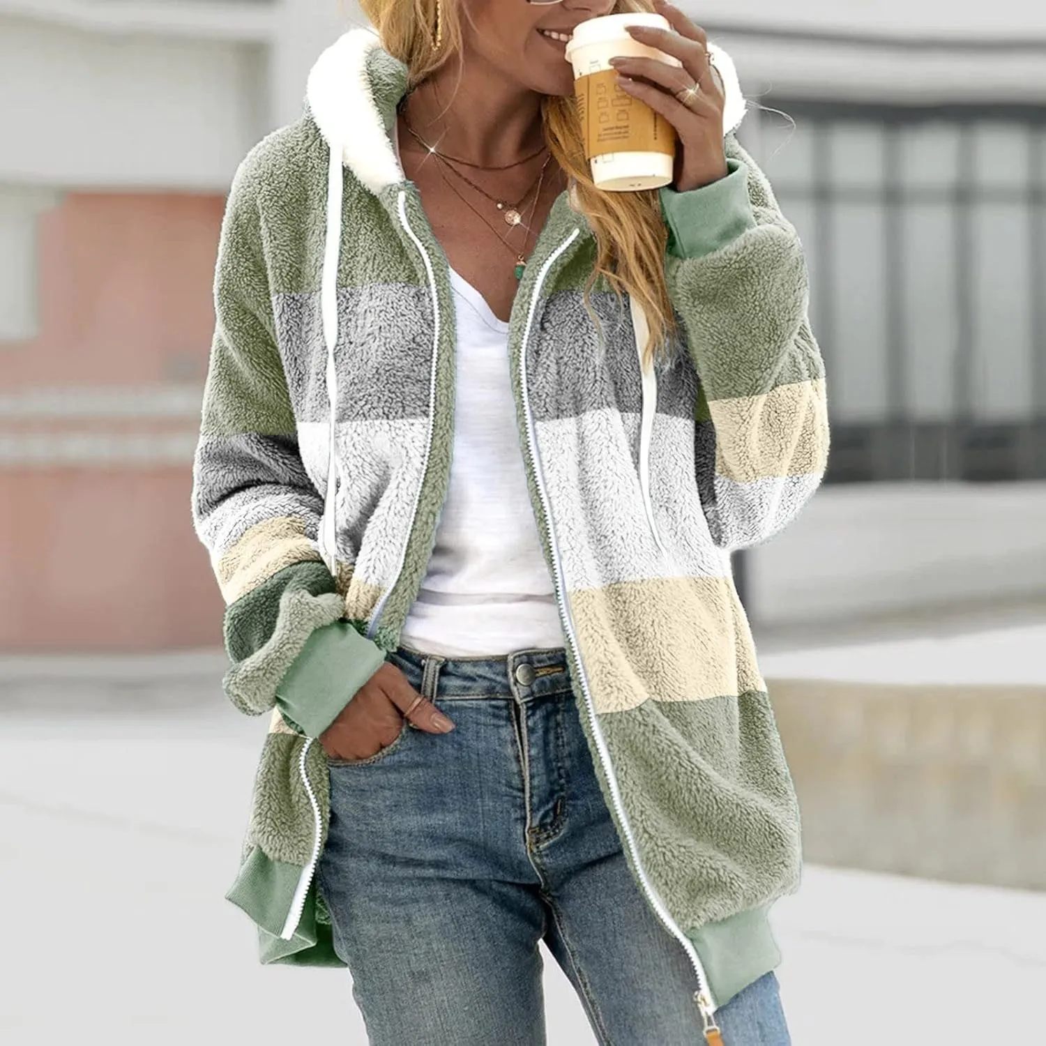 Oversized Fuzzy Fleece Jackets For Women Fashion 2024 Color Block Faux Fur Cardigan Coat Shaggy Warm Winter Outerwear