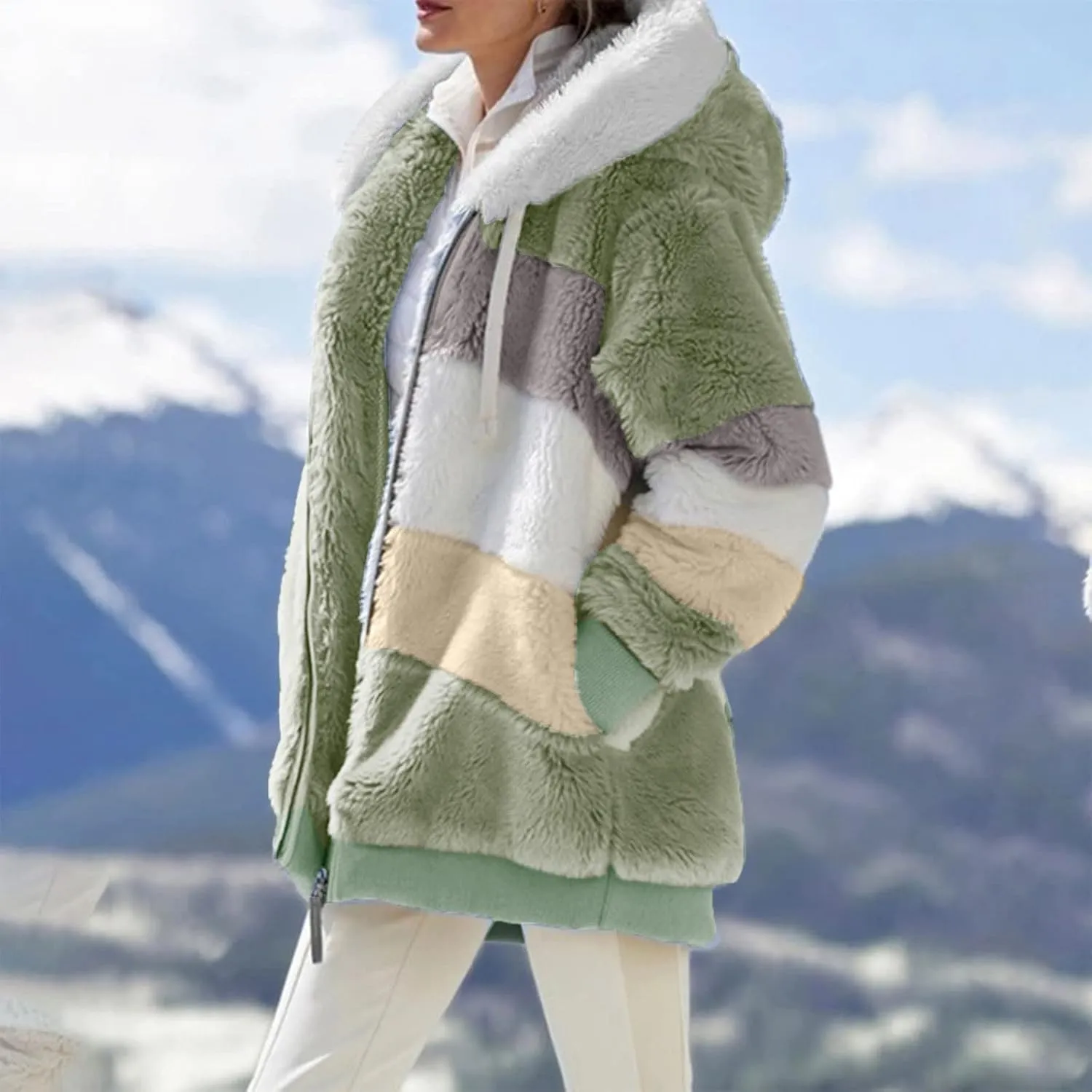 Oversized Fuzzy Fleece Jackets For Women Fashion 2024 Color Block Faux Fur Cardigan Coat Shaggy Warm Winter Outerwear