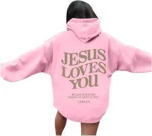 Oversized Hoodie For Women Love Like Jesus Hooded Drawstring Sweatshirts Loose Letter Print Long Sleeve Pullover Hoodie Tops