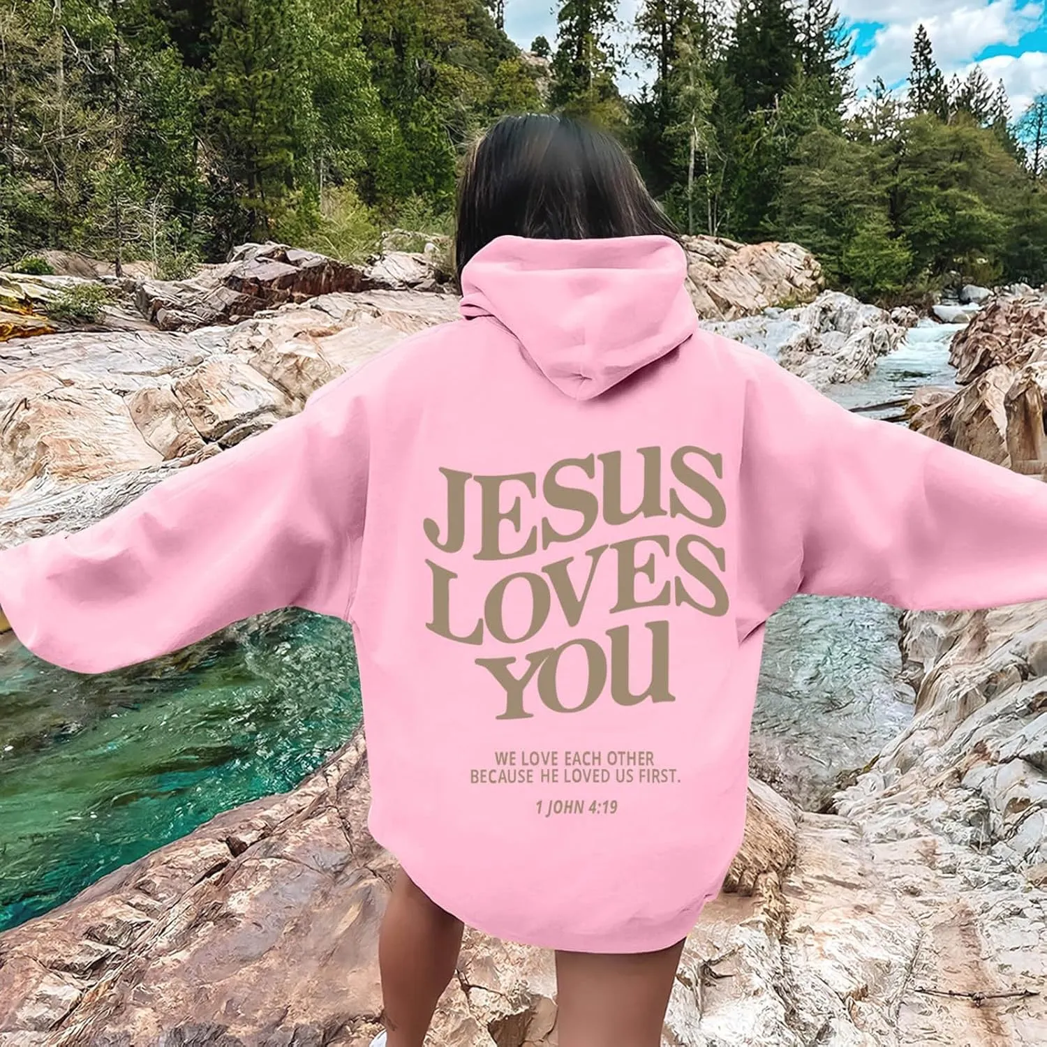 Oversized Hoodie For Women Love Like Jesus Hooded Drawstring Sweatshirts Loose Letter Print Long Sleeve Pullover Hoodie Tops