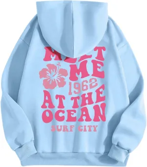 Oversized Hoodies For Women Long Sleeve Drawstring Letter Graphic Hoodies Palm Puff Fall Fashion Pullover Sweatshirt