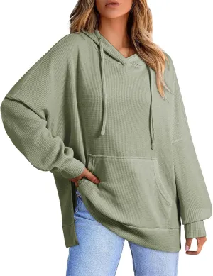 Oversized Hoodies for Women Waffle Hem Slit Drawstring Long Sleeve Sweatshirt Loose Lightweight Pullover with Pocket