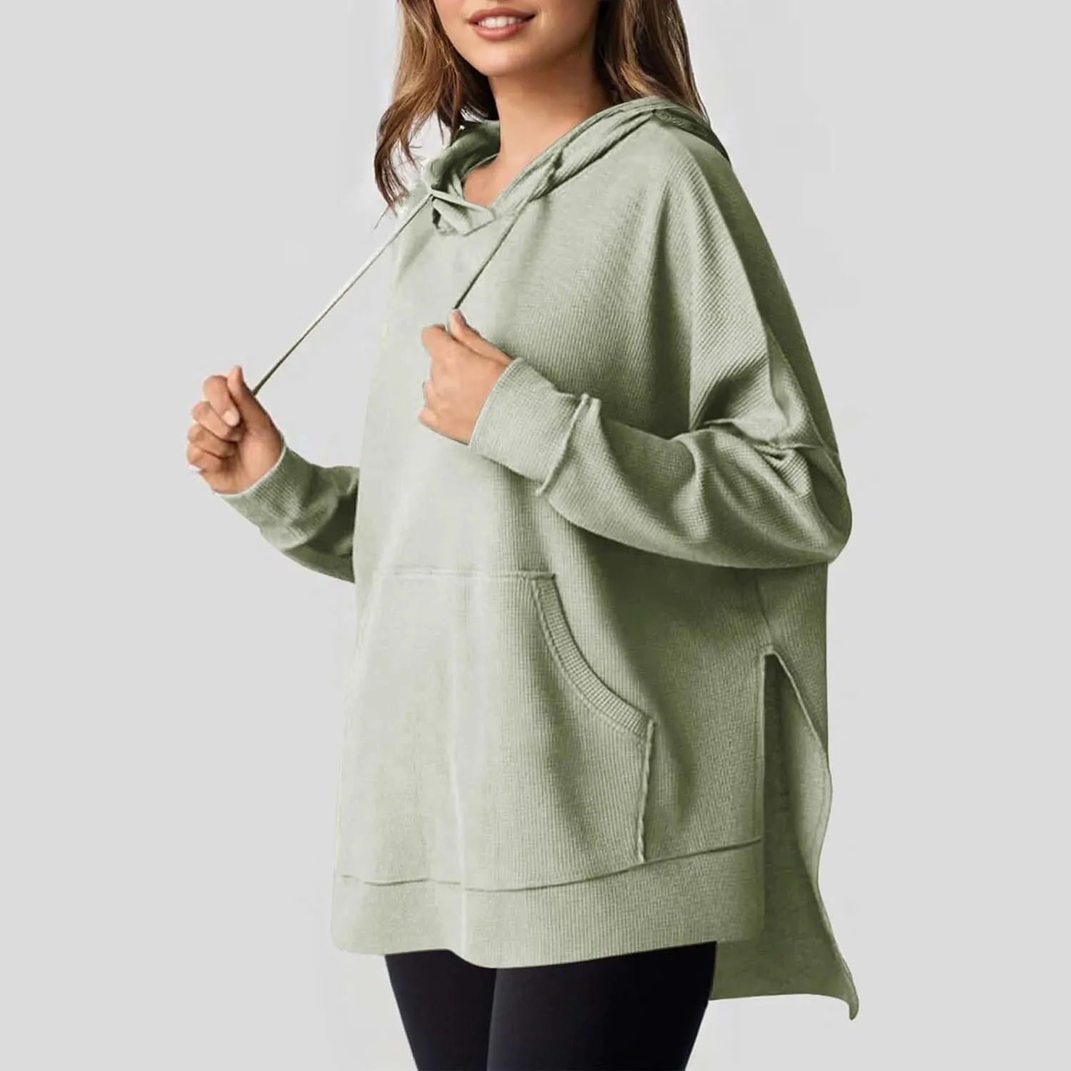 Oversized Hoodies for Women Waffle Hem Slit Drawstring Long Sleeve Sweatshirt Loose Lightweight Pullover with Pocket